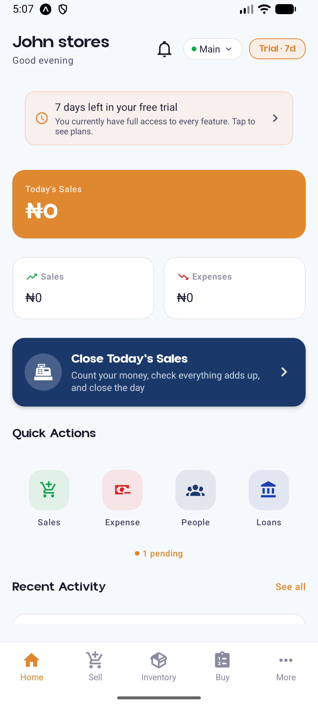 Teracore mobile app home screen showing today's sales, quick actions, and recent activity
